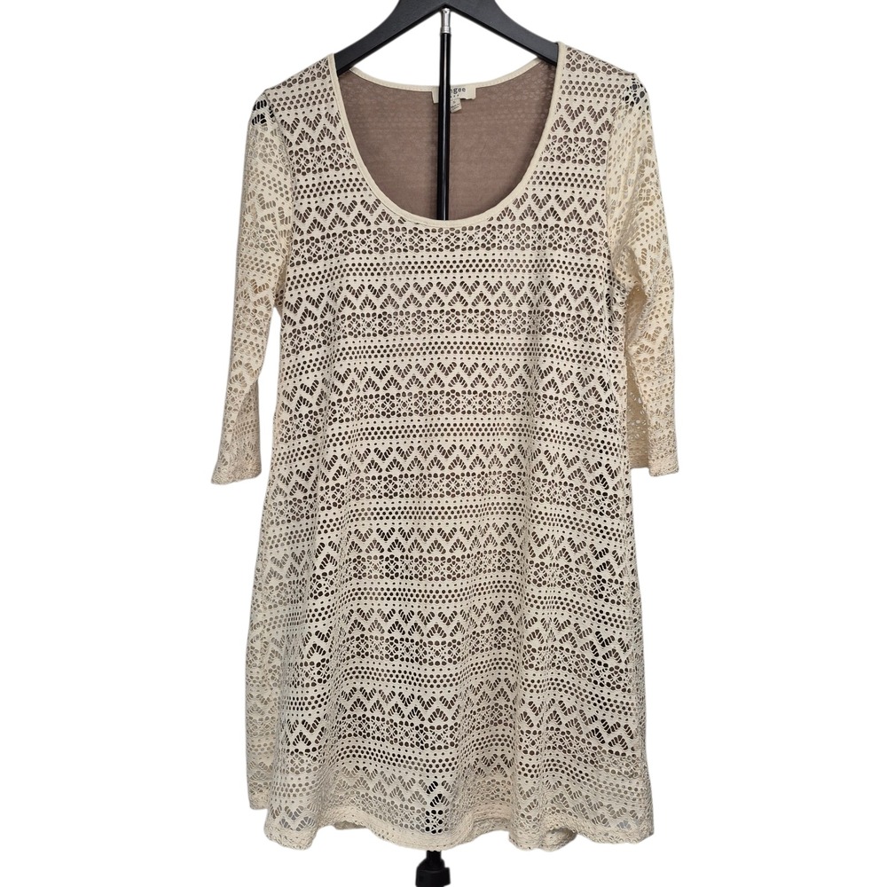 Umgee USA Cream Crochet Lace Boho Shift Dress Taupe Lining 3/4 Sleeve Small